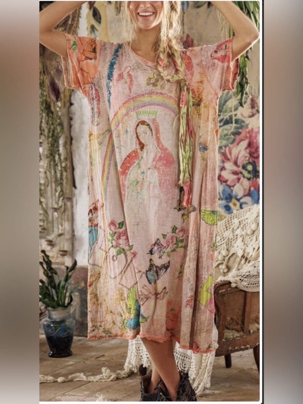 Magnolia Pearl Maria Amor Altar Tee Dress OS Red/Multi Faded Color NEW WITH TAGS